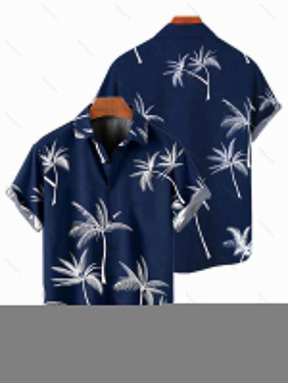 Chemise de vacances à manches courtes boutonnée à imprimé palmier - Bleu de Minuit 5XL