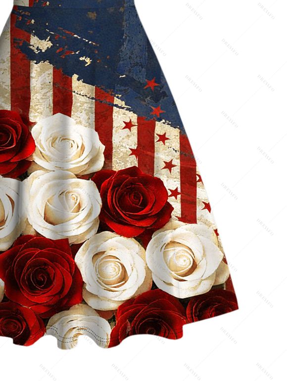 Robe patriotique bicolore rose imprimée drapeau américain robe froncée au buste - Rouge Vineux XXXXXL | US 20