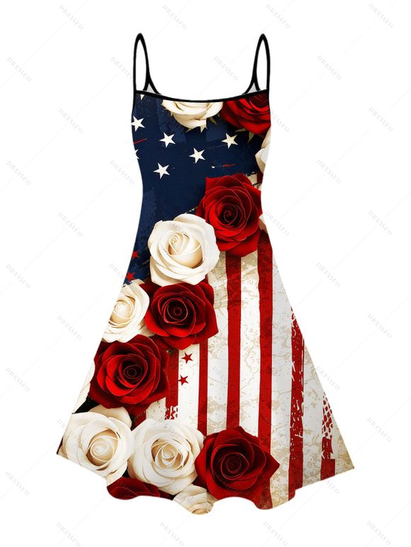Patriotic Couple Outfit American Flag Bicolor Rose Print Dress and Shirt Set - Rouge Vineux S | US 4