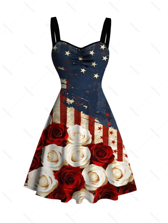 Patriotic Couple Outfit Bicolor Rose American Flag Print Ruched Dress and Shirt Set - Rouge Vineux S | US 4