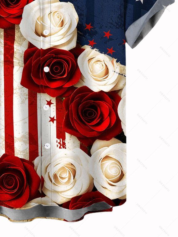 Patriotic Couple Outfit American Flag Bicolor Rose Print Dress and Shirt Set - Rouge Vineux S | US 4
