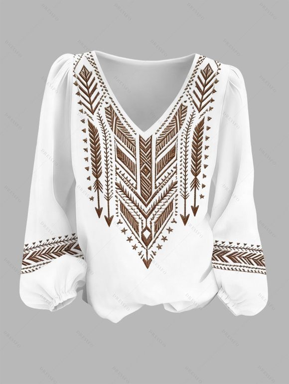 Vintage Outfit Arrow Ethnic Print Lantern Sleeve Shirt and Skirt Set - Blanc S | US 4