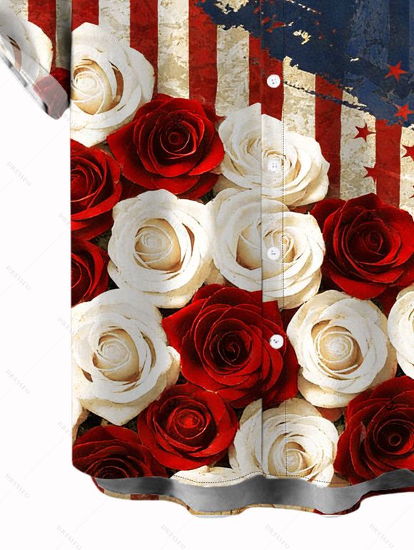 Patriotic Couple Outfit Bicolor Rose American Flag Print Ruched Dress and Shirt Set - Rouge Vineux S | US 4