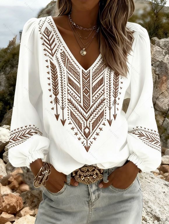 Vintage Outfit Arrow Ethnic Print Lantern Sleeve Shirt and Skirt Set - Blanc S | US 4