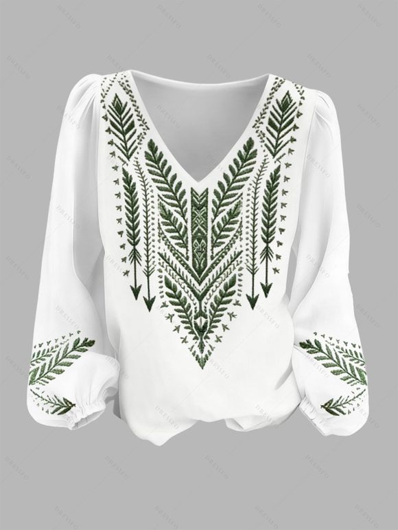 Vintage Outfit Arrow Ethnic Print Lantern Sleeve Shirt and Skirt Set - PLANT GREEN S | US 4