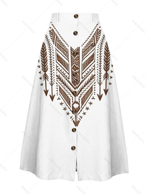 Vintage Outfit Arrow Ethnic Print Lantern Sleeve Shirt and Skirt Set - Blanc S | US 4