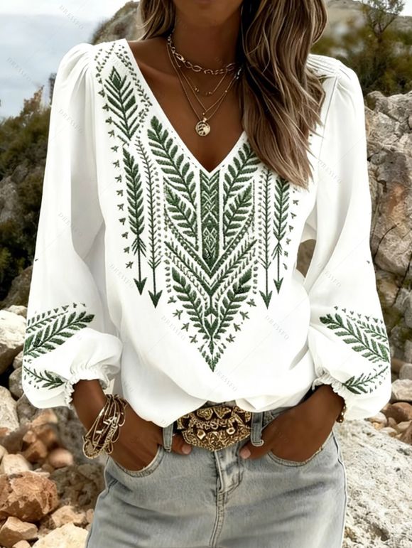 Vintage Outfit Arrow Ethnic Print Lantern Sleeve Shirt and Skirt Set - PLANT GREEN S | US 4