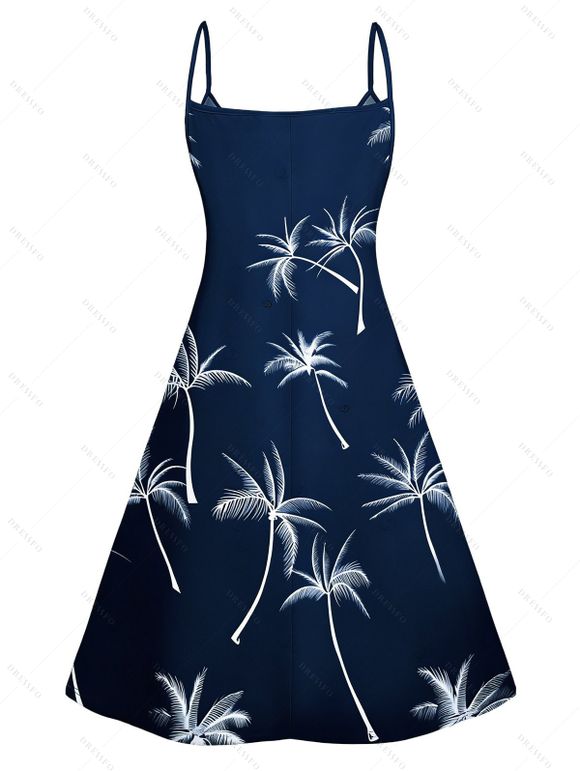 Palm Tree Print V Neck A Line Mini Dress And Short Sleeve Shirt Vacation Outfit - Bleu de Minuit S | US 4