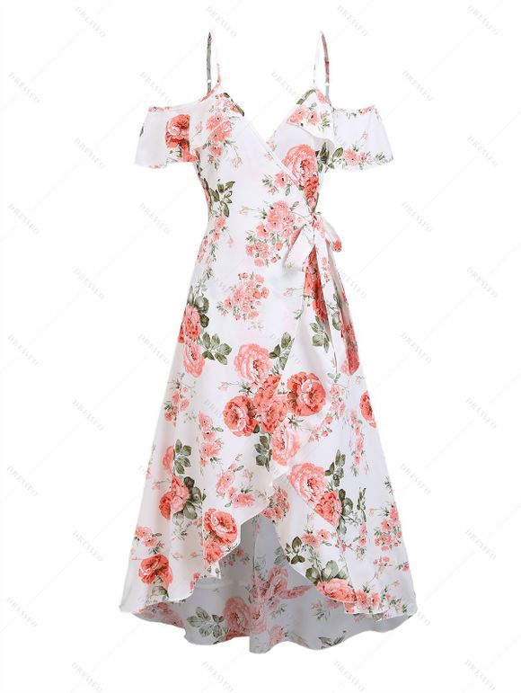 Couple Outfit Floral Leaf Print Ruffle Bowknot Wrap Dress and Earrings Sandals Set - Blanc S | US 4