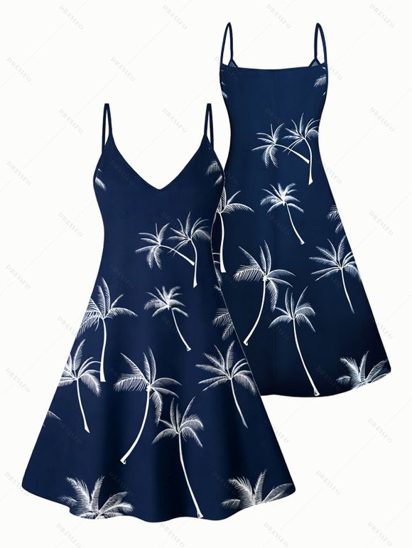 Palm Tree Print V Neck A Line Mini Dress And Short Sleeve Shirt Vacation Outfit - Bleu de Minuit S | US 4