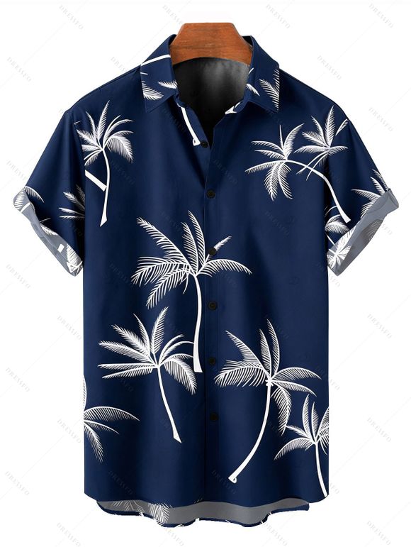 Palm Tree Print V Neck A Line Mini Dress And Short Sleeve Shirt Vacation Outfit - Bleu de Minuit S | US 4
