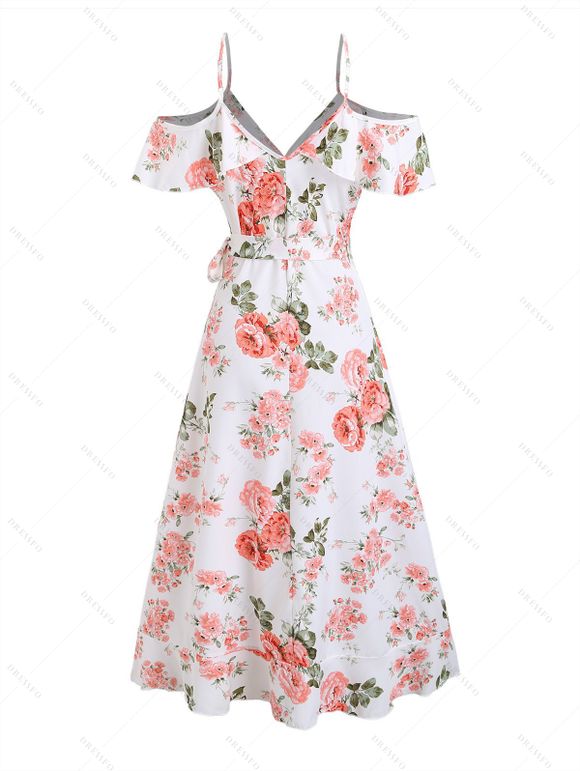 Couple Outfit Floral Leaf Print Ruffle Bowknot Wrap Dress and Earrings Sandals Set - Blanc S | US 4