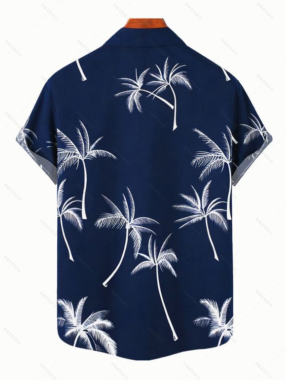 Palm Tree Print V Neck A Line Mini Dress And Short Sleeve Shirt Vacation Outfit - Bleu de Minuit S | US 4