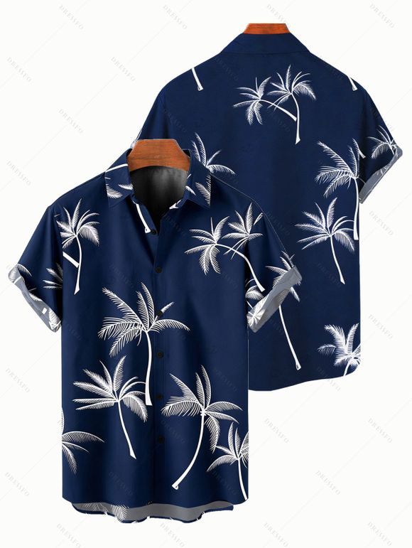 Palm Tree Print V Neck A Line Mini Dress And Short Sleeve Shirt Vacation Outfit - Bleu de Minuit S | US 4