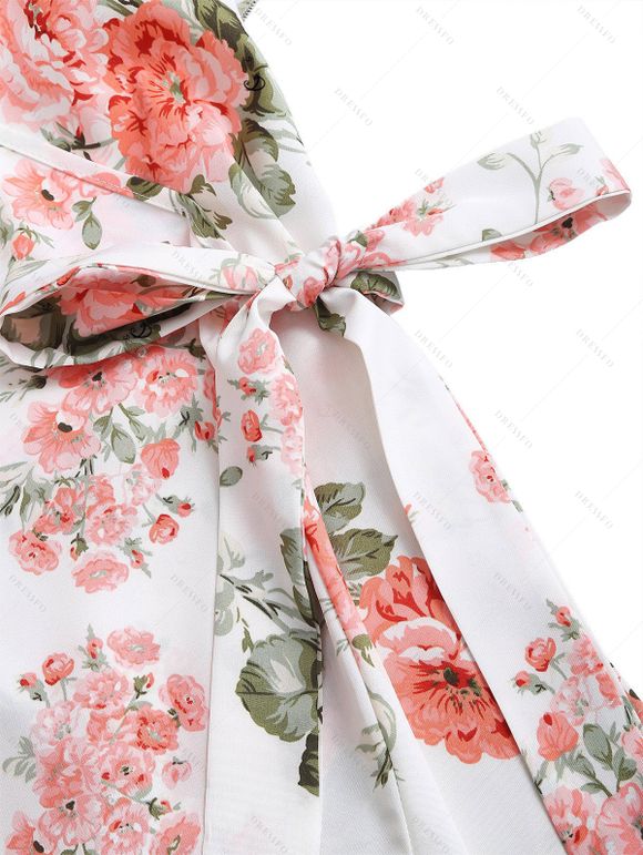 Couple Outfit Floral Leaf Print Ruffle Bowknot Wrap Dress and Earrings Sandals Set - Blanc S | US 4