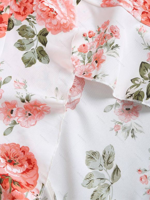 Couple Outfit Floral Leaf Print Ruffle Bowknot Wrap Dress and Earrings Sandals Set - Blanc S | US 4