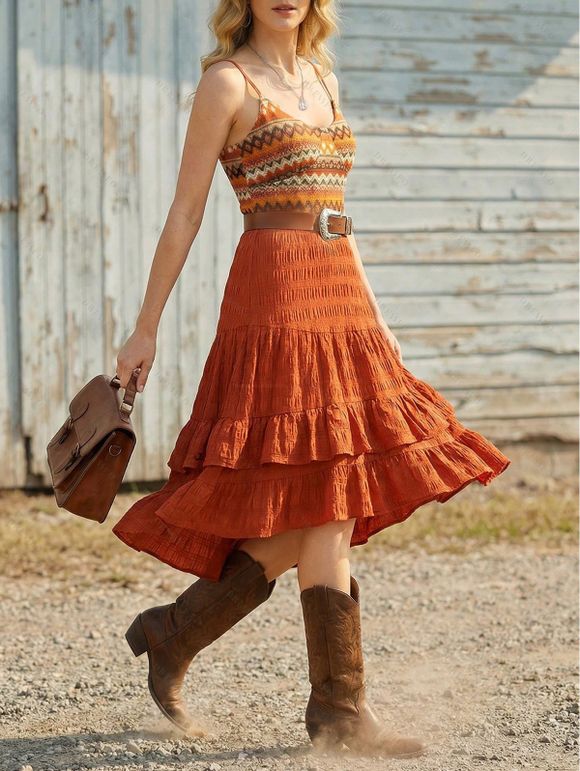 Bohemian Couple Outfit Zig Zag Ethnic Print Layered Dress and Shirt Set - Orange S | US 4
