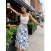 Vacation Outfit Ruffle Eyelet Bowknot Cropped Tank Top and Leaf Floral Print Skirt Set - Bleu S | US 4