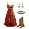 Bohemian Outfit Zig Zag Ethnic Print Layered Dress and Belt Earrings Boots Set - Orange S | US 4