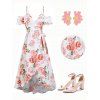 Couple Outfit Floral Leaf Print Ruffle Bowknot Wrap Dress and Earrings Sandals Set - Blanc S | US 4