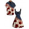 Patriotic Couple Outfit Bicolor Rose American Flag Print Ruched Dress and Shirt Set - Rouge Vineux S | US 4