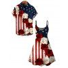 Patriotic Couple Outfit American Flag Bicolor Rose Print Dress and Shirt Set - Rouge Vineux S | US 4