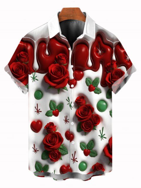 Chemise homme Saint-Valentin à imprimé rose, cœur et feuille, boutonnée