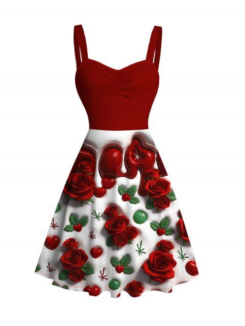 Robe de Saint-Valentin à imprimé rose, cœur et feuilles, buste froncé