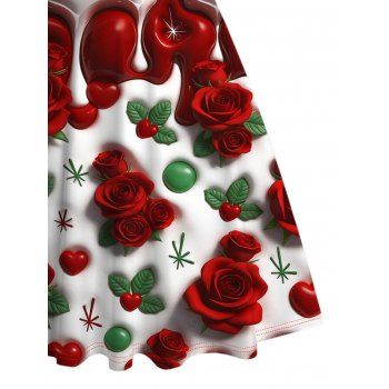 Valentine's Day Dress Rose Heart Leaf Print Ruched Bust Dress