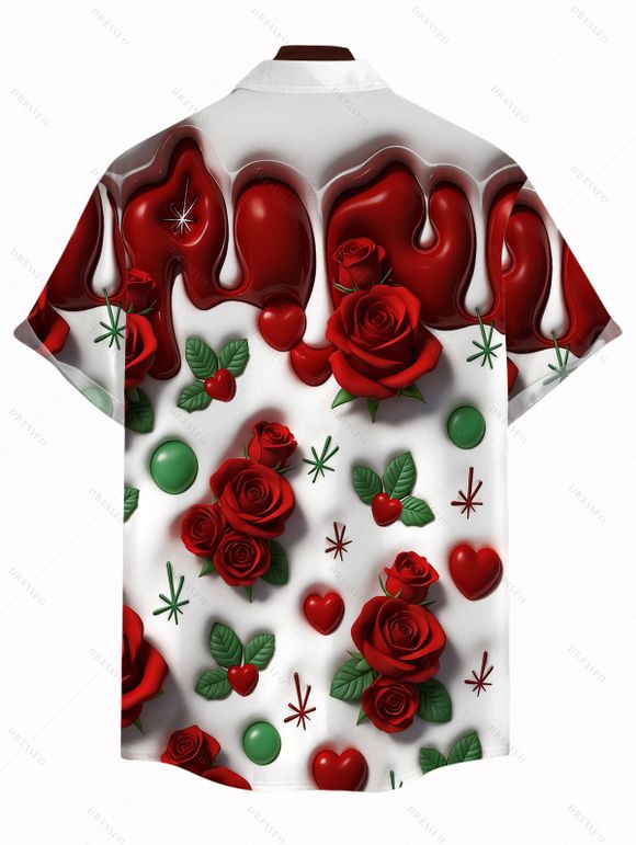 Chemise homme Saint-Valentin à imprimé rose, cœur et feuille, boutonnée - Rouge Vineux XL