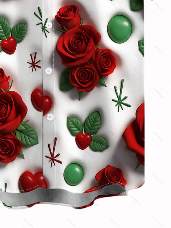 Chemise homme Saint-Valentin à imprimé rose, cœur et feuille, boutonnée - Rouge Vineux XL