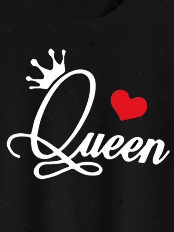 Valentine's Day Couple Outfit Crown Heart Letter Print T-shirt Set - Noir S | US 4