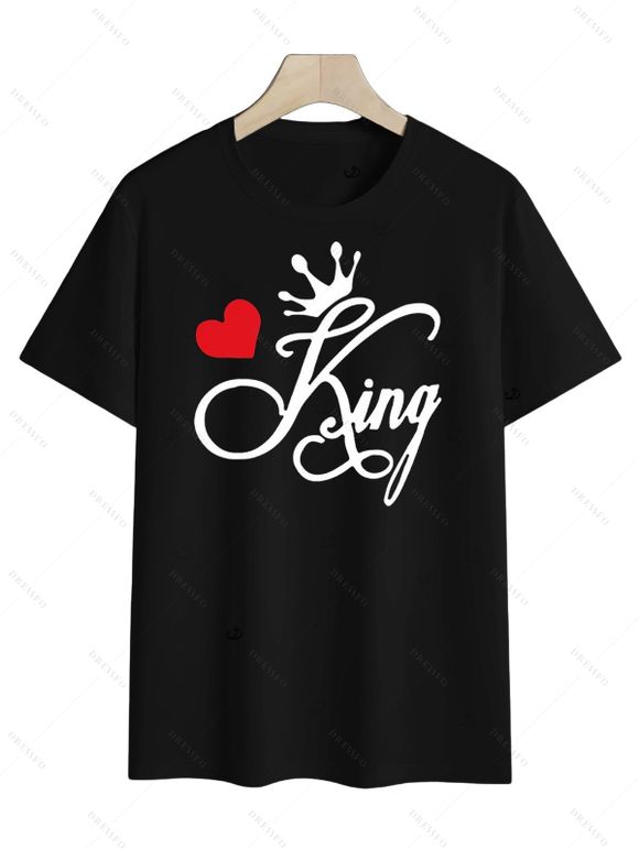 Valentine's Day Couple Outfit Crown Heart Letter Print T-shirt Set - Noir S | US 4