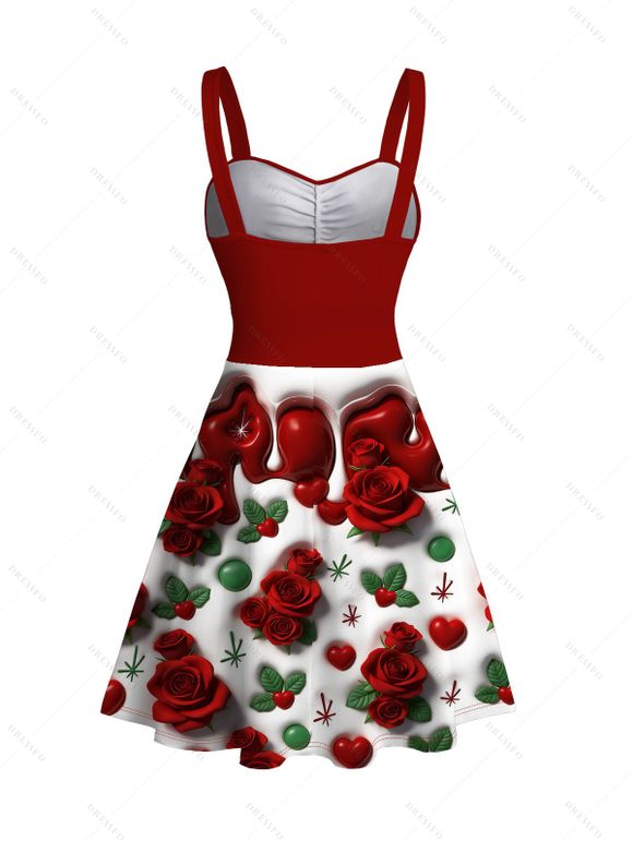 Robe de Saint-Valentin à imprimé rose, cœur et feuilles, buste froncé - Rouge Vineux XXXXXL | US 20