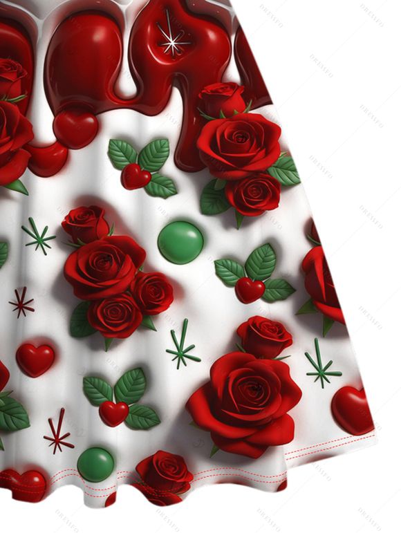 Robe de Saint-Valentin à imprimé rose, cœur et feuilles, buste froncé - Rouge Vineux XXXXXL | US 20