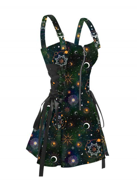 Robe mini trapèze imprimée galaxie soleil et étoiles, demi-zip, laçage, taille haute, bretelles.