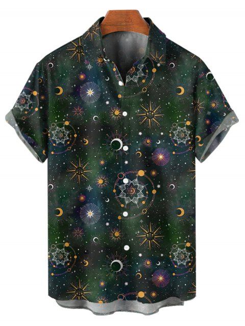 Chemise homme à manches retroussées, imprimé galaxie soleil étoiles lune, chemise décontractée à manches courtes boutonnée