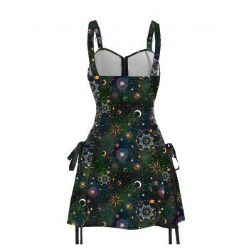 Galaxy Sun Star Print Dress Half Zipper Lace Up High Waisted Strap A Line Mini Dress