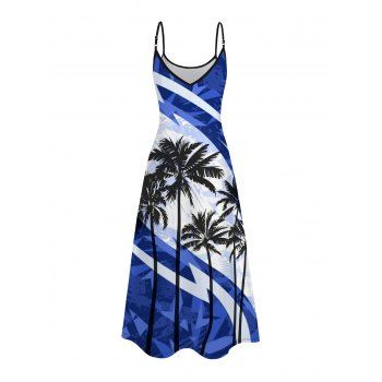 Vacation Dress Coconut Tree Pattern Colorblock Spaghetti Strap Long Dress