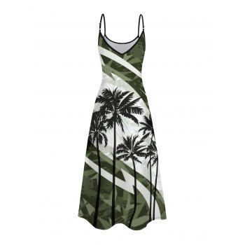 Vacation Dress Coconut Tree Pattern Colorblock Spaghetti Strap Long Dress