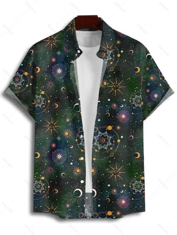 Chemise homme à manches retroussées, imprimé galaxie soleil étoiles lune, chemise décontractée à manches courtes boutonnée - Vert Armée 5XL