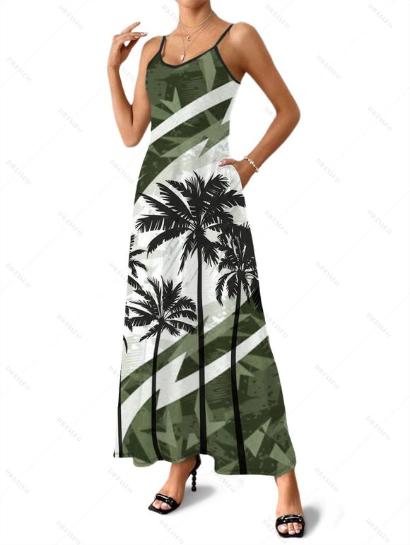 Robe de vacances à motif cocotier et bretelles spaghetti colorées - Vert Armée XXXXXL | US 20