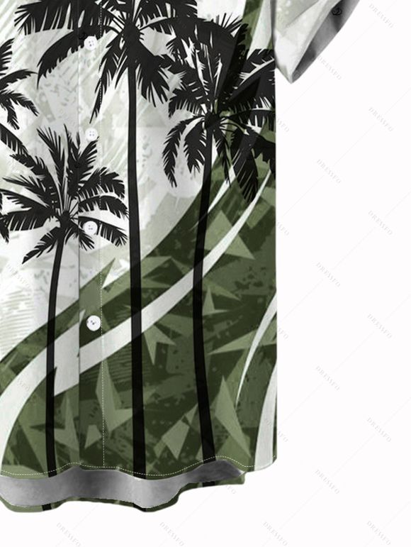 Chemise de vacances pour homme, motif cocotier, colorblock, boutonnée - Vert Armée 5XL