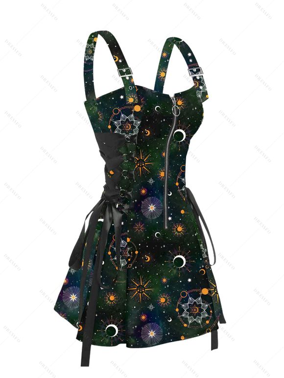 Galaxy Sun Star Print Women's Half Zipper Lace Up Dress and Men's Button Up Shirt Outfit - Vert Armée S | US 4