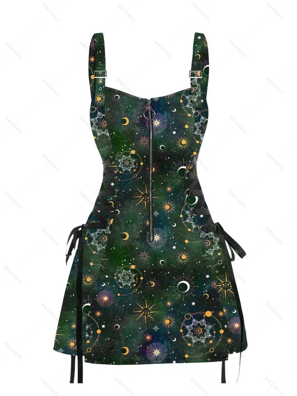 Galaxy Sun Star Print Women's Half Zipper Lace Up Dress and Men's Button Up Shirt Outfit - Vert Armée S | US 4