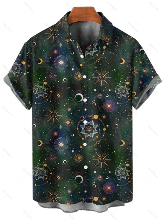 Galaxy Sun Star Print Women's Half Zipper Lace Up Dress and Men's Button Up Shirt Outfit - Vert Armée S | US 4