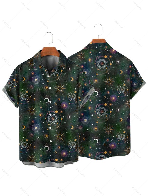 Galaxy Sun Star Print Women's Half Zipper Lace Up Dress and Men's Button Up Shirt Outfit - Vert Armée S | US 4