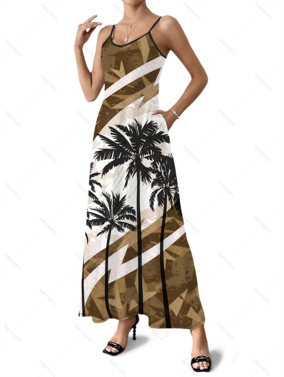 Vacation Couple Outfit Coconut Tree Pattern Colorblock Long Dress and Shirt Set - Brun S | US 4