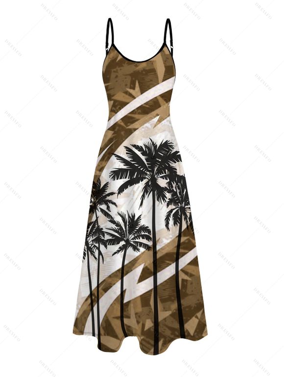 Vacation Couple Outfit Coconut Tree Pattern Colorblock Long Dress and Shirt Set - Brun S | US 4