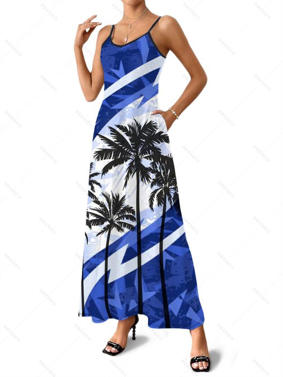 Vacation Couple Outfit Coconut Tree Pattern Colorblock Long Dress and Shirt Set - Bleu S | US 4